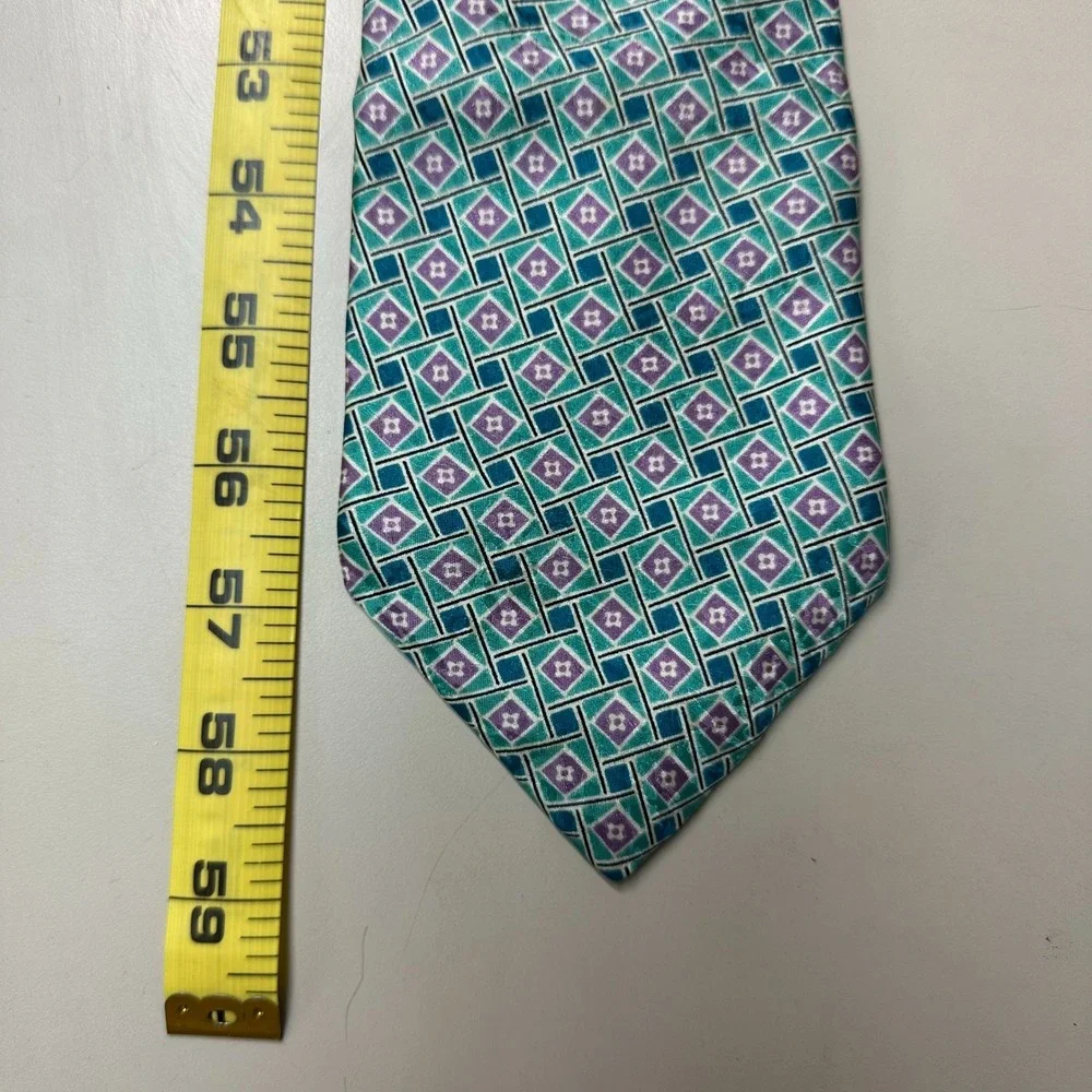 Villa Bugatti Mens Silk Necktie Teal Purple Geometric Diamond Made in USA 4x59